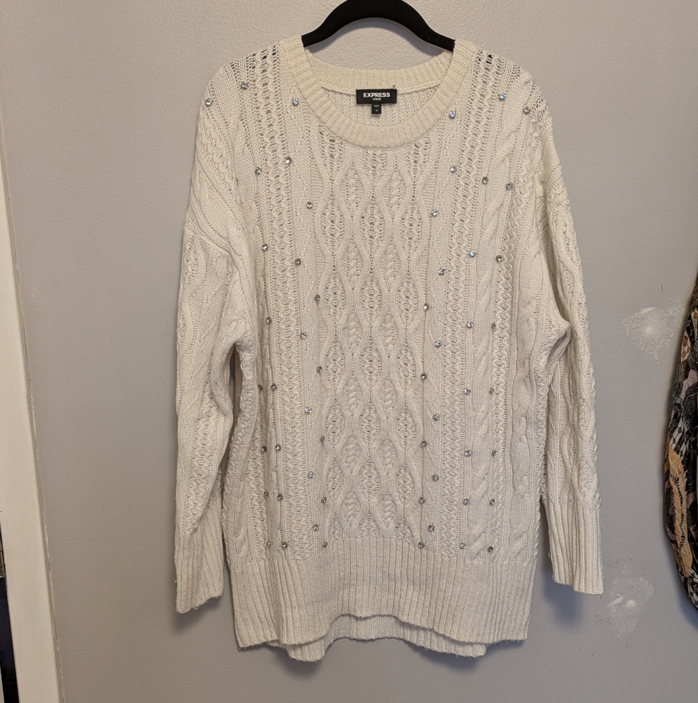 Express London White Open Knit Oversized Rhinestone Sweater